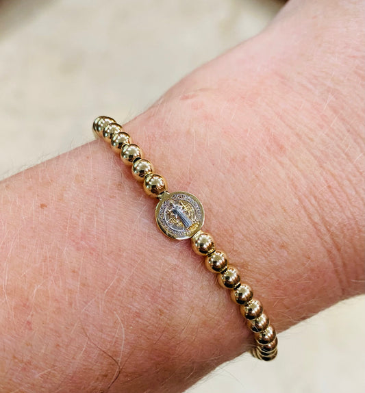 Mini Saint Benedict Gold Filled Elastic Bracelet 8mm