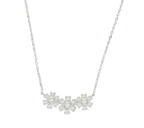 14K Gold three miniature diamond flower necklace