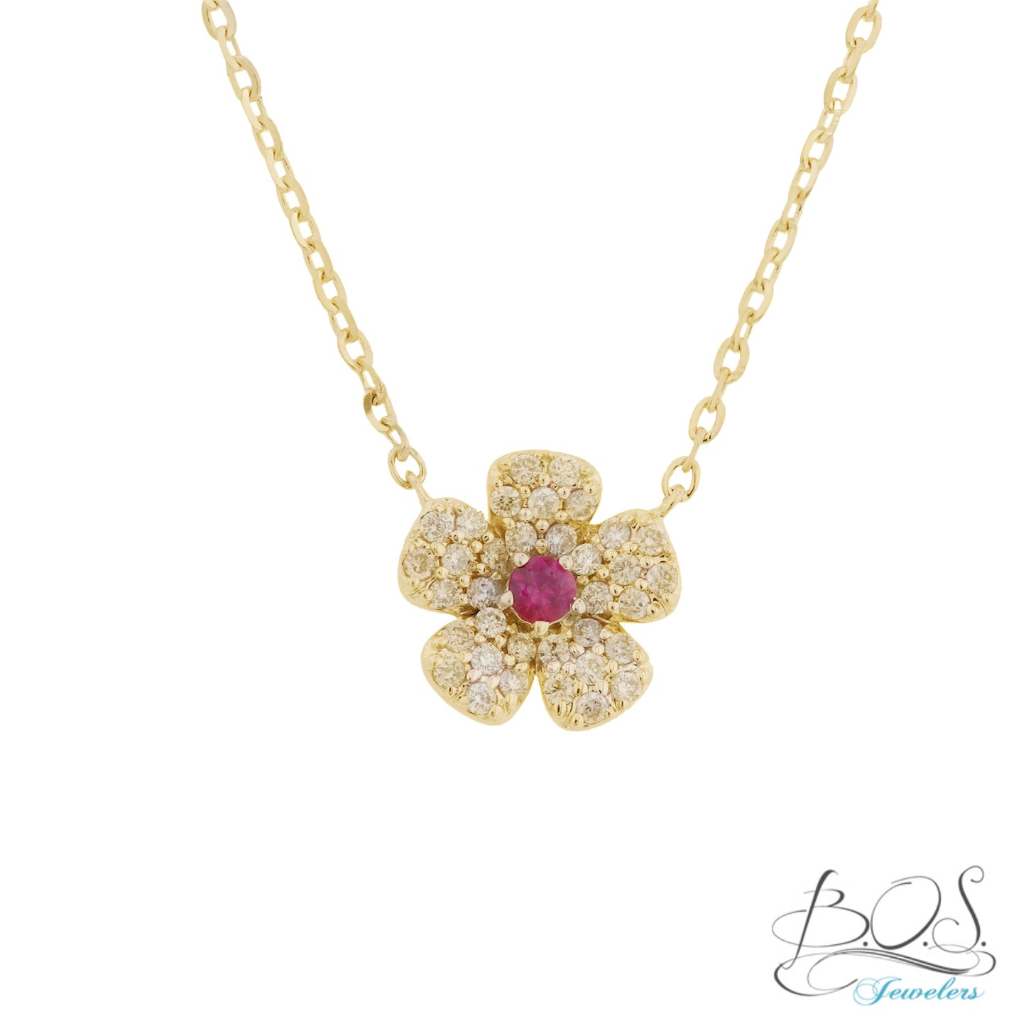 14K Gold Diamond Flower with Color Stone in the center