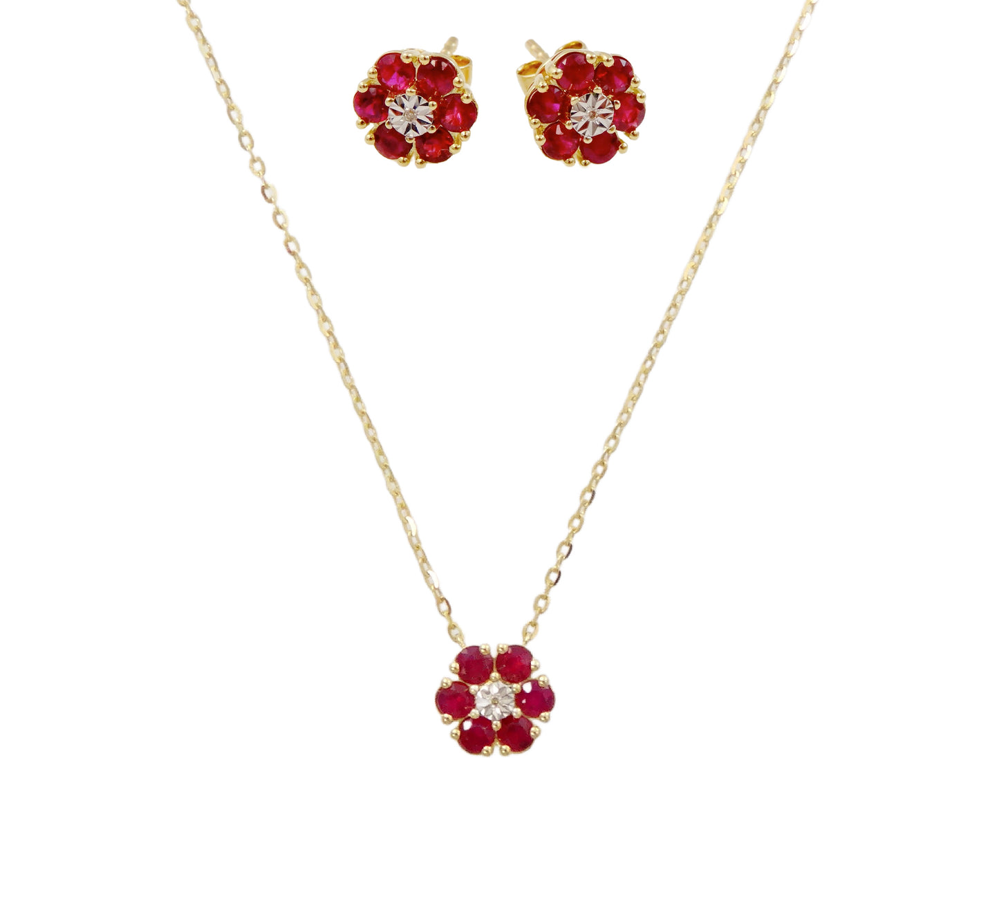 14K Gold Ruby Flower with Diamond Illusion Gift Set