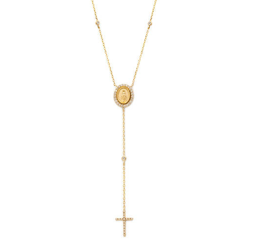 Diamond Miraculous Medal & Cross Lariat Necklace 14K Gold