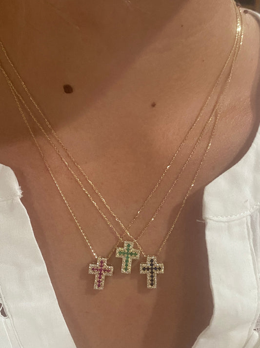 Chunky Channel Pave Color Stone Diamond Cross Necklace
