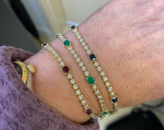 Station Step Cut Rectangular Color Stone And Diamond Tennis Bracelet