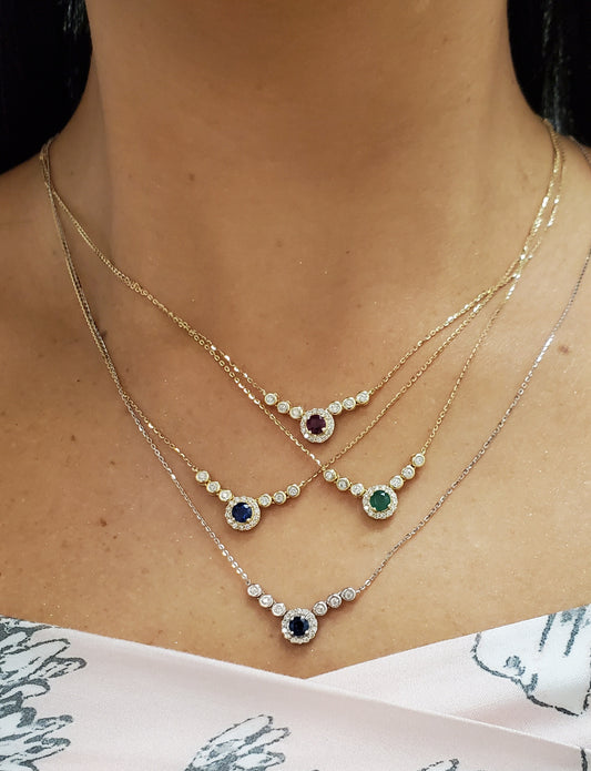 Diamond Halo Color Stone Center Bezel Set Chevron Necklace