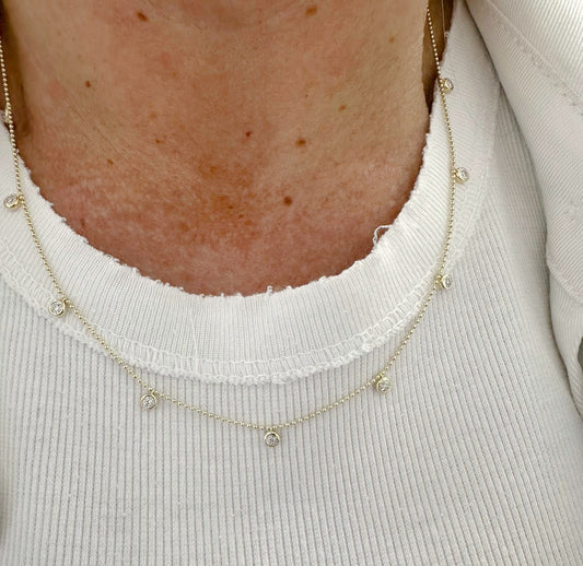 Diamond Bezel Dangle Beaded Gold Necklace