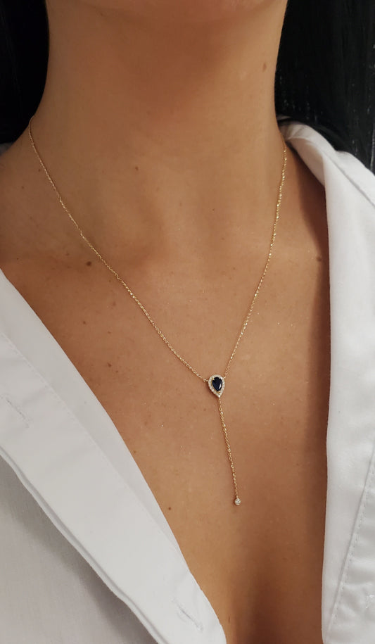 Diamond Halo Pear Shaped Color Stone Lariat Necklace