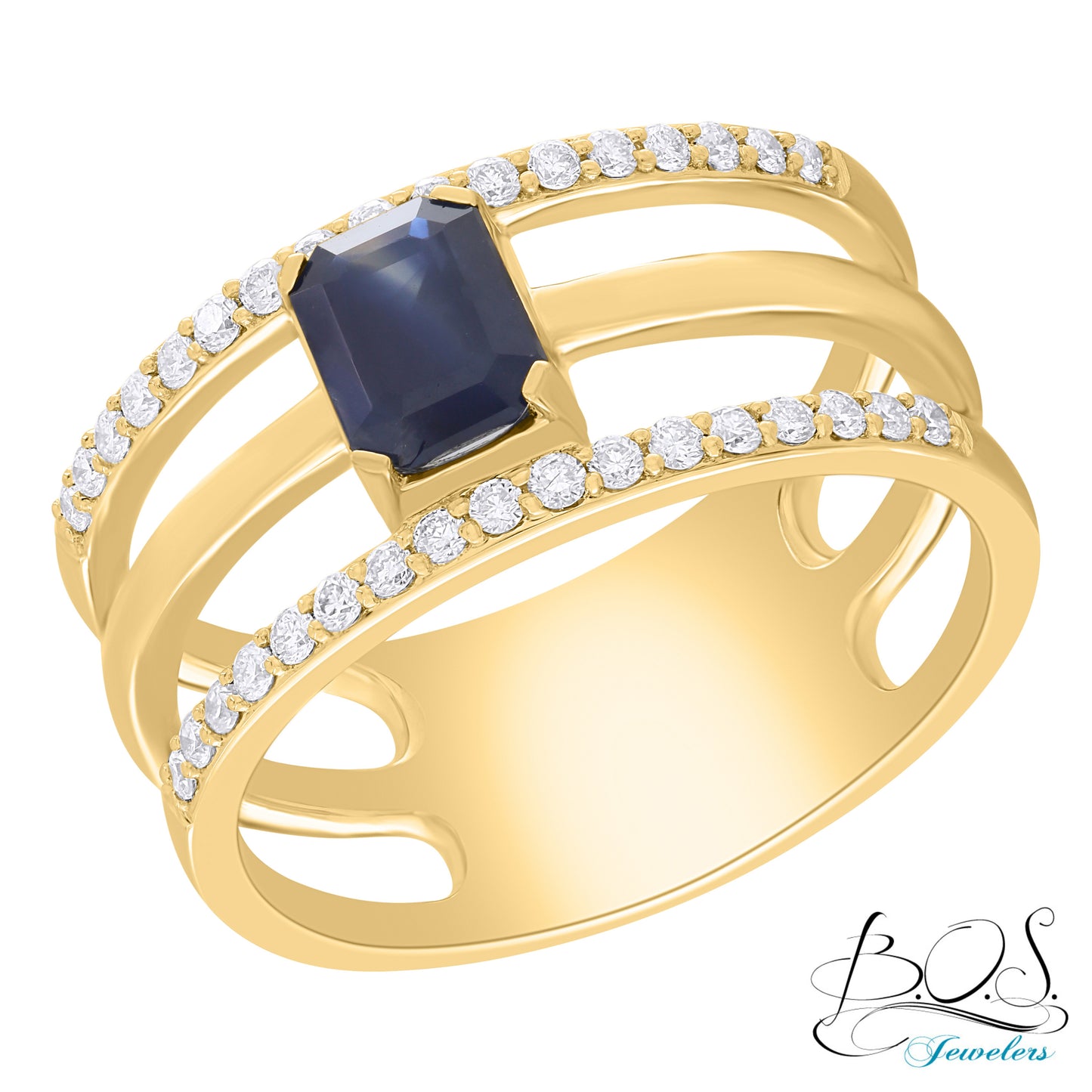 14K Gold Three Line Diamond ring with Center Color Stone