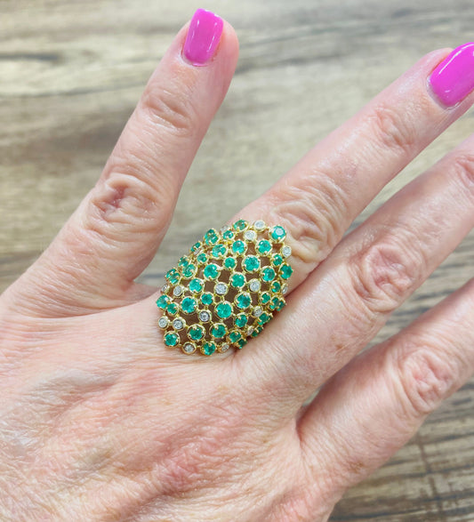 Exquisite Lattice Design Color Stone & Diamond Dome Ring