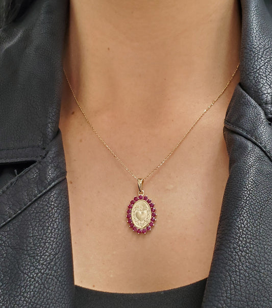 Sacred Heart of Jesus Medal with Ruby Color Stone Halo Necklace