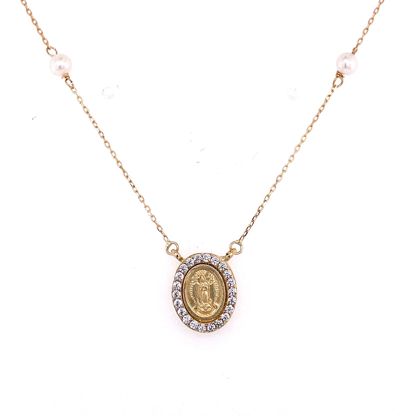 Miniature Guadalupe/Miraculous Medal with Cubic Zirconia Frame on Pearl Necklace 14K Gold