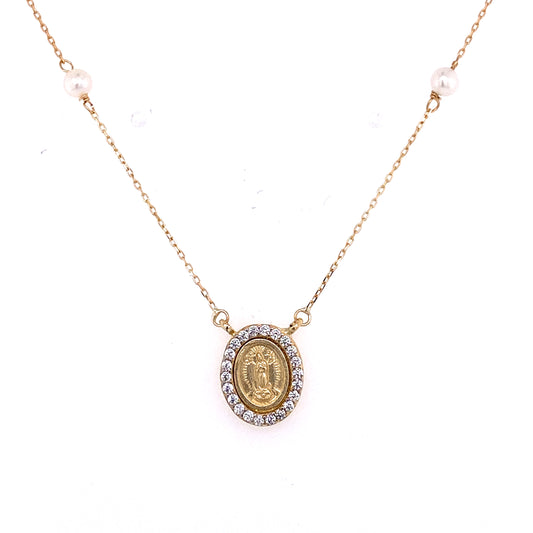 Miniature Guadalupe/Miraculous  Medal with Cubic Zirconia Frame on Pearl Necklace