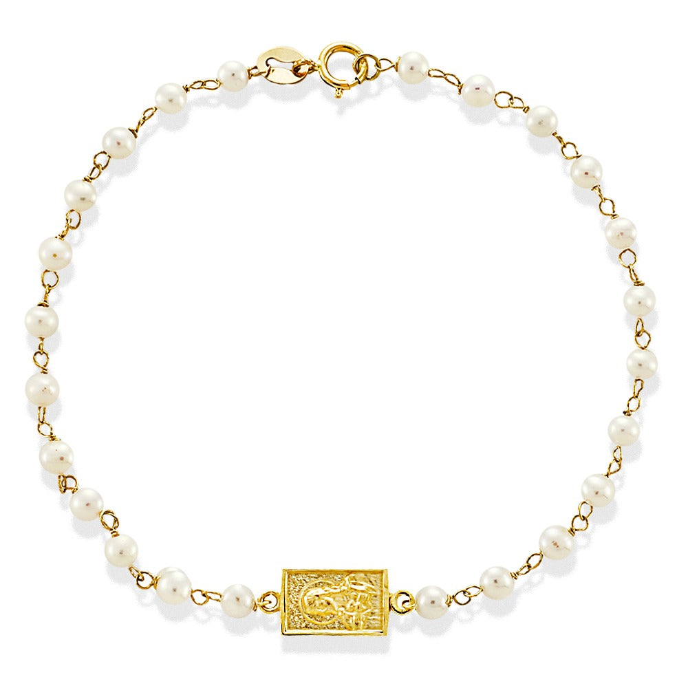 Pearl Bracelet with Scapular Medal 14K Gold