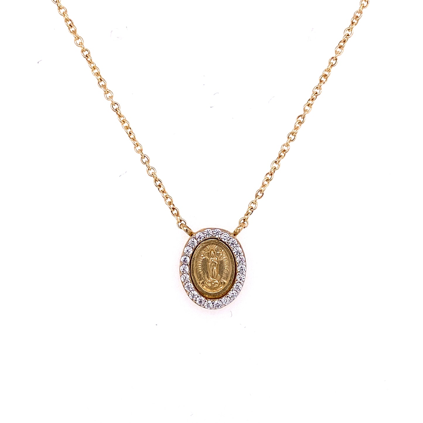 Miniature Guadalupe/Miraculous Medal with Cubic Zirconia Frame on Cable Chain Necklace 14K Gold