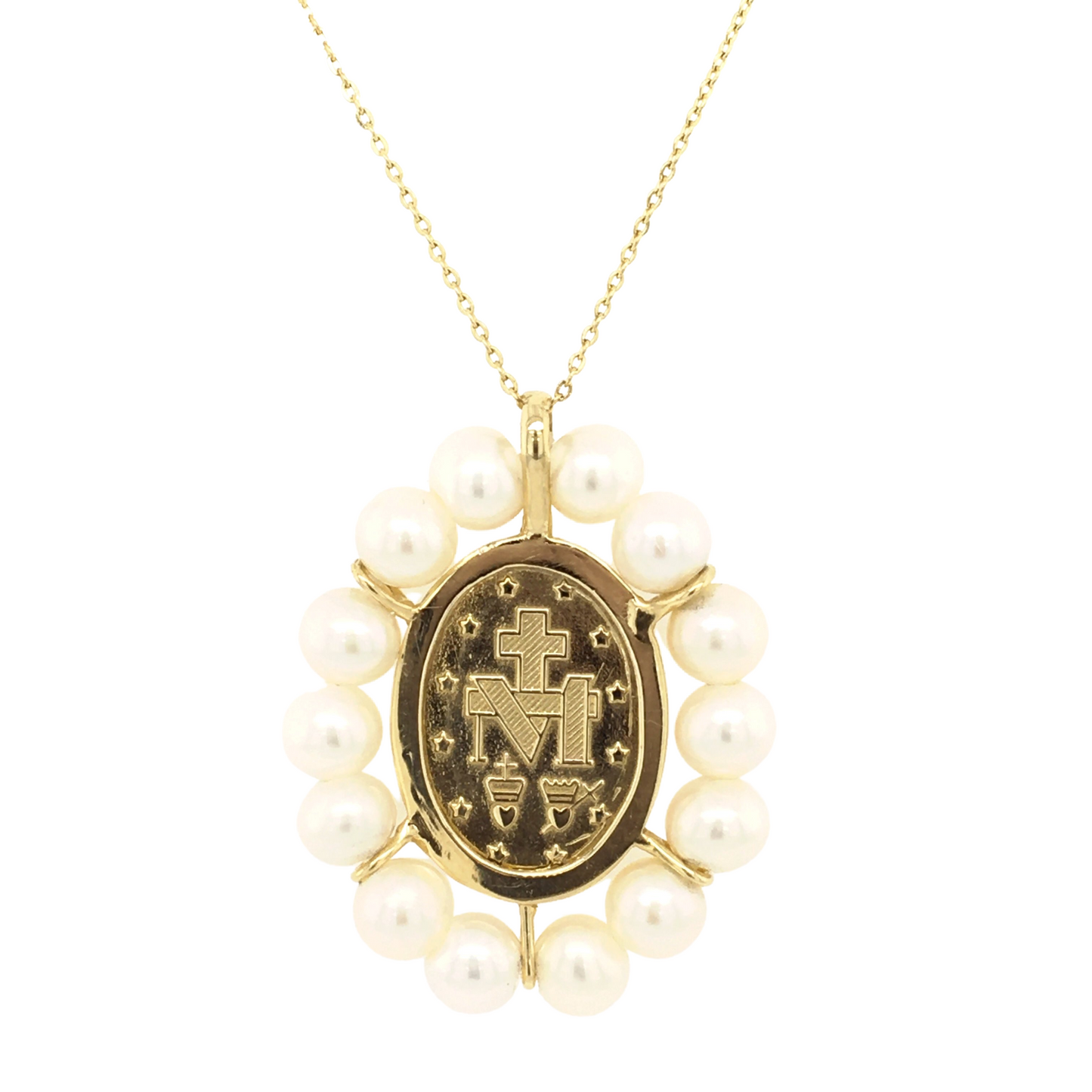 Guadalupe/Miraculous Medal with Pearl Halo 14K Yellow Gold