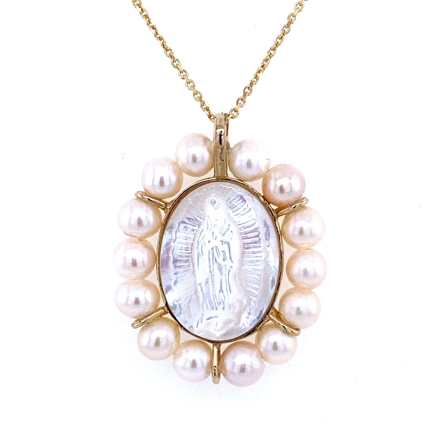 Mother of Pearl Guadalupe/Miraculous Medal Pendant 14K Yellow Gold