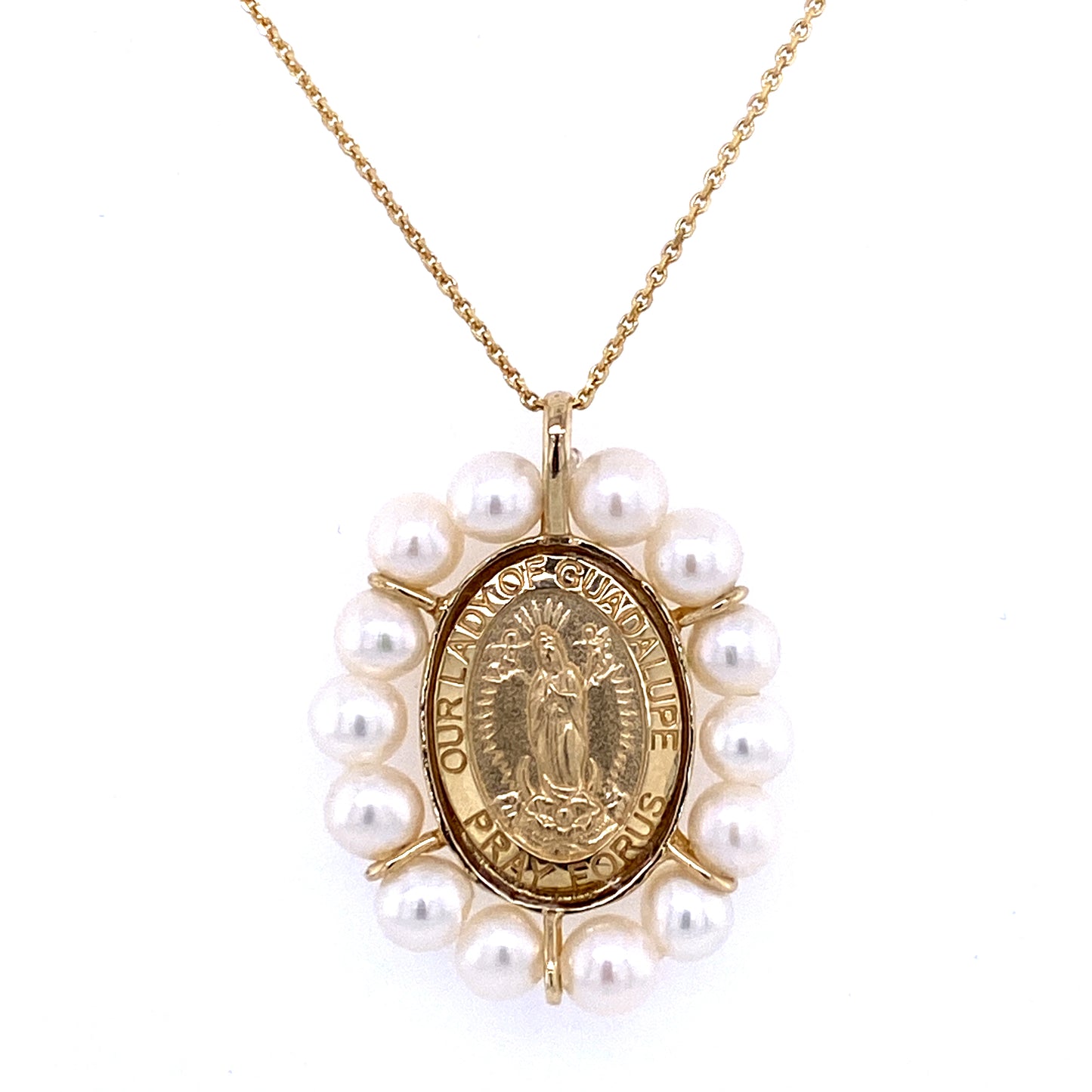 Guadalupe/Miraculous Medal with Pearl Halo 14K Yellow Gold