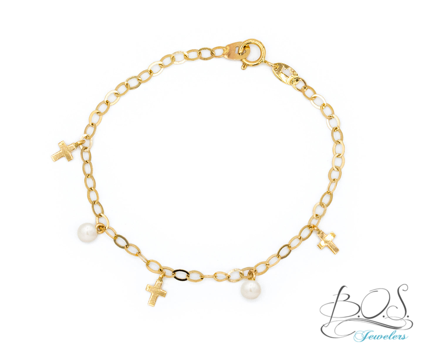 Pearl and Cross Charm Bracelet 14K Gold