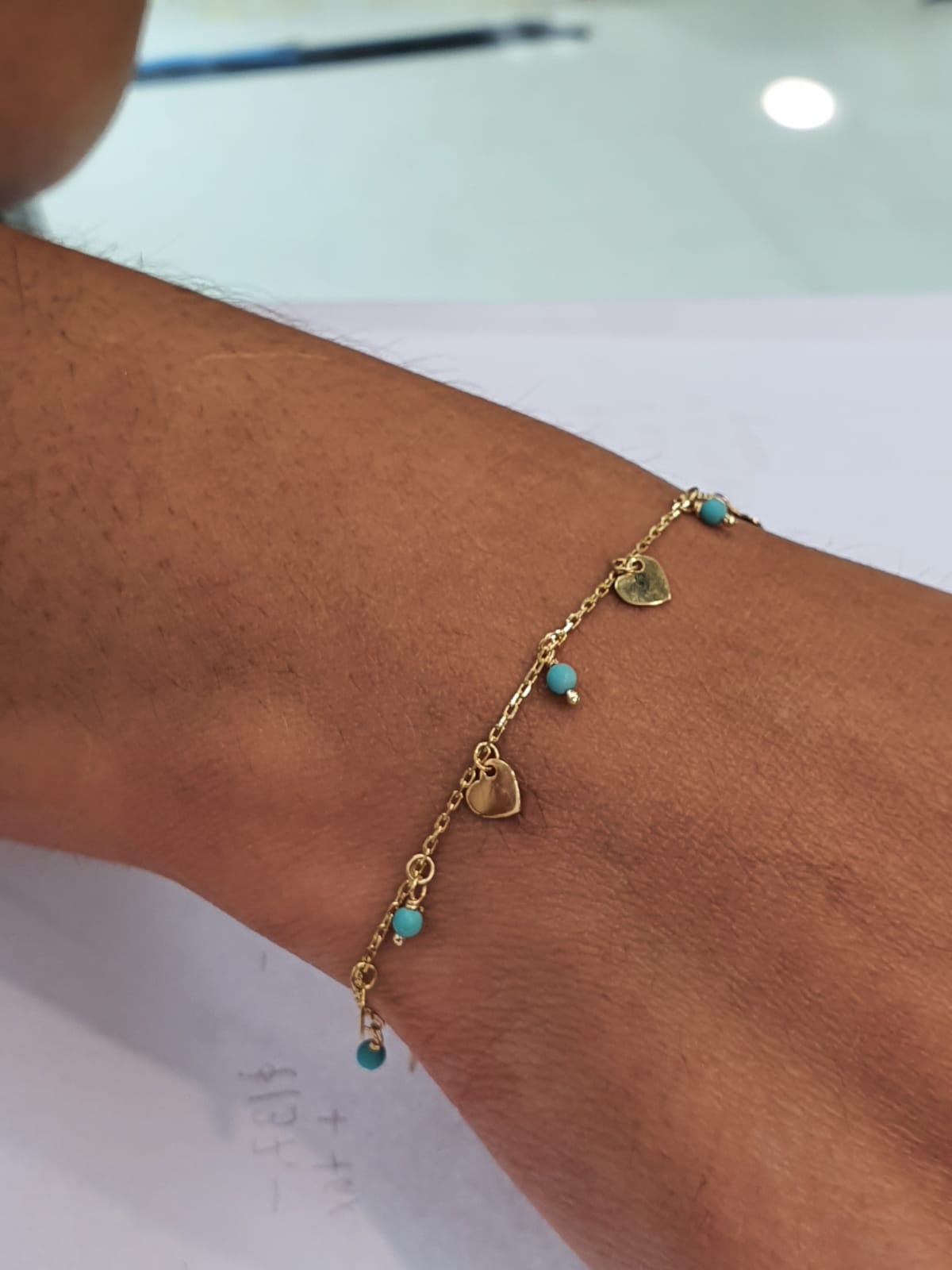 Dangling Hearts and Pearls/Turquoise Bracelet 14K Yellow Gold