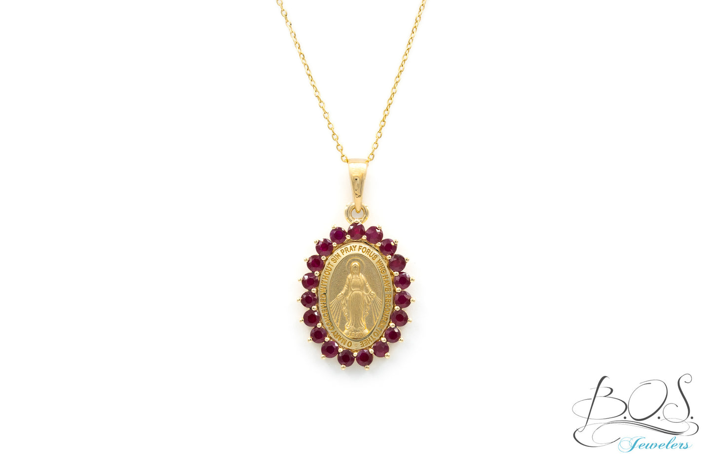 Medium Chunky Color Stone Miraculous Medal Necklace 14K Yellow Gold