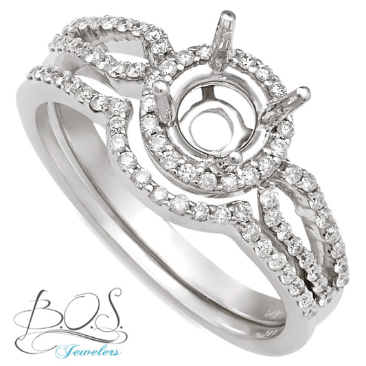 14K White Gold Halo Split Shank Diamond Engagement Ring with Matching Shadow Band
