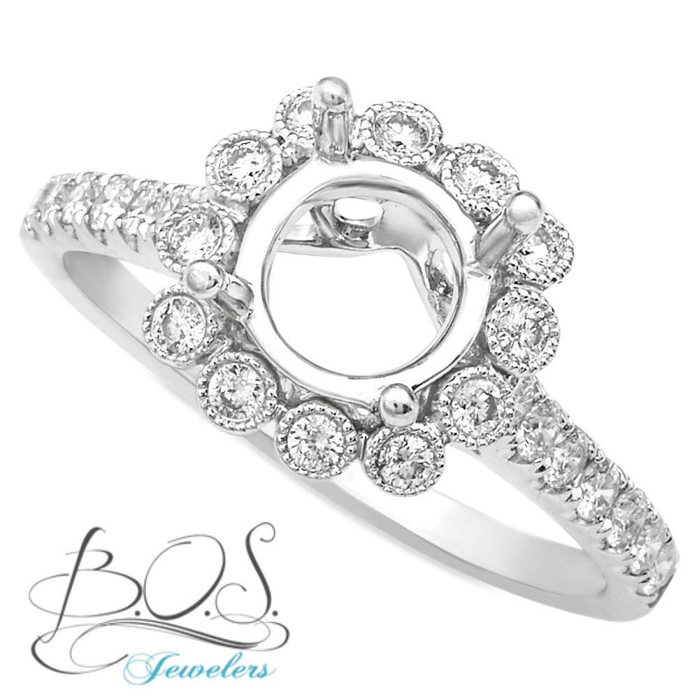 18K White Gold Vintage Cushion Halo Cathedral Diamond Engagement