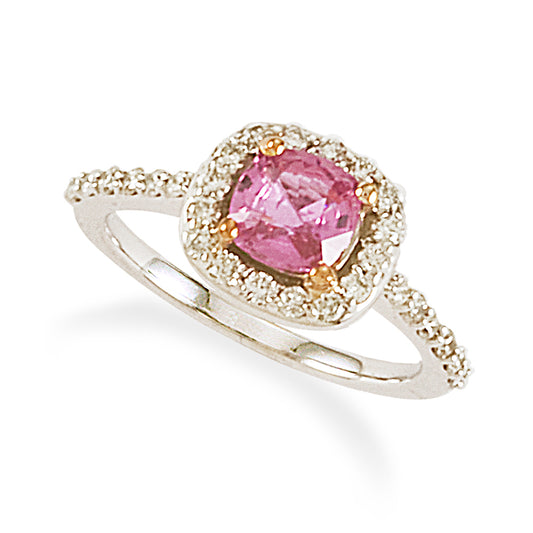 Halo Pink Cushion Cut Sapphire Gemstone on Diamond Ring 18K White Gold