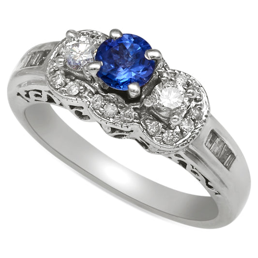 Three Stone Luxe Tanzanite and Diamond Ring 14K White Gold