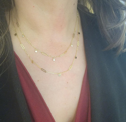 14K Gold Paperclip & Cable Chain Necklace with Dangling CZ