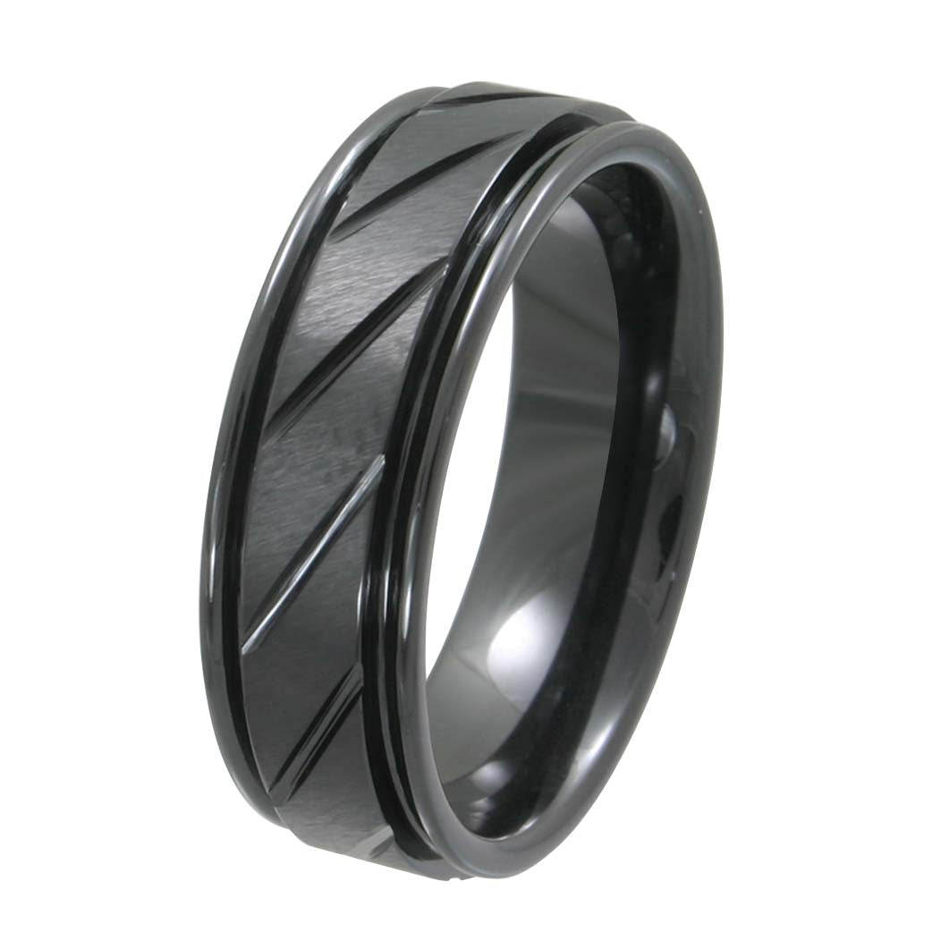 Men's Black Ceramic Patterned Brush Polish 6.5mm Wedding Band