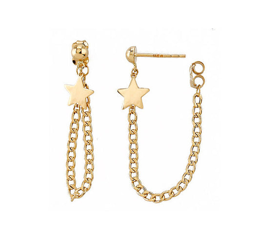 Star Dangling Curve Link Chain Earrings 14K Yellow Gold