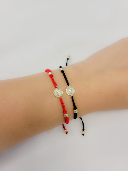 Two Tone Gold Miniature St Benedict Medal Macrame Bracelet