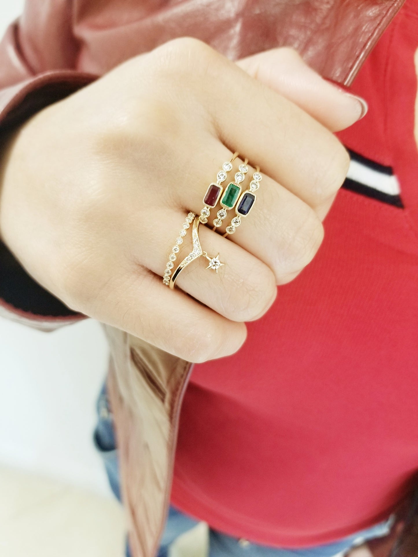 Emerald Cut Precious Gem Diamond Rings 14K Gold