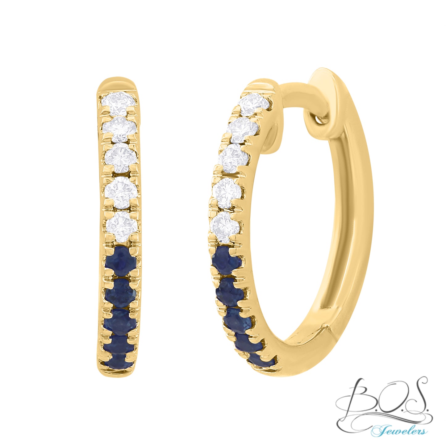 Half Diamond and Color Stone Huggies 14K Gold