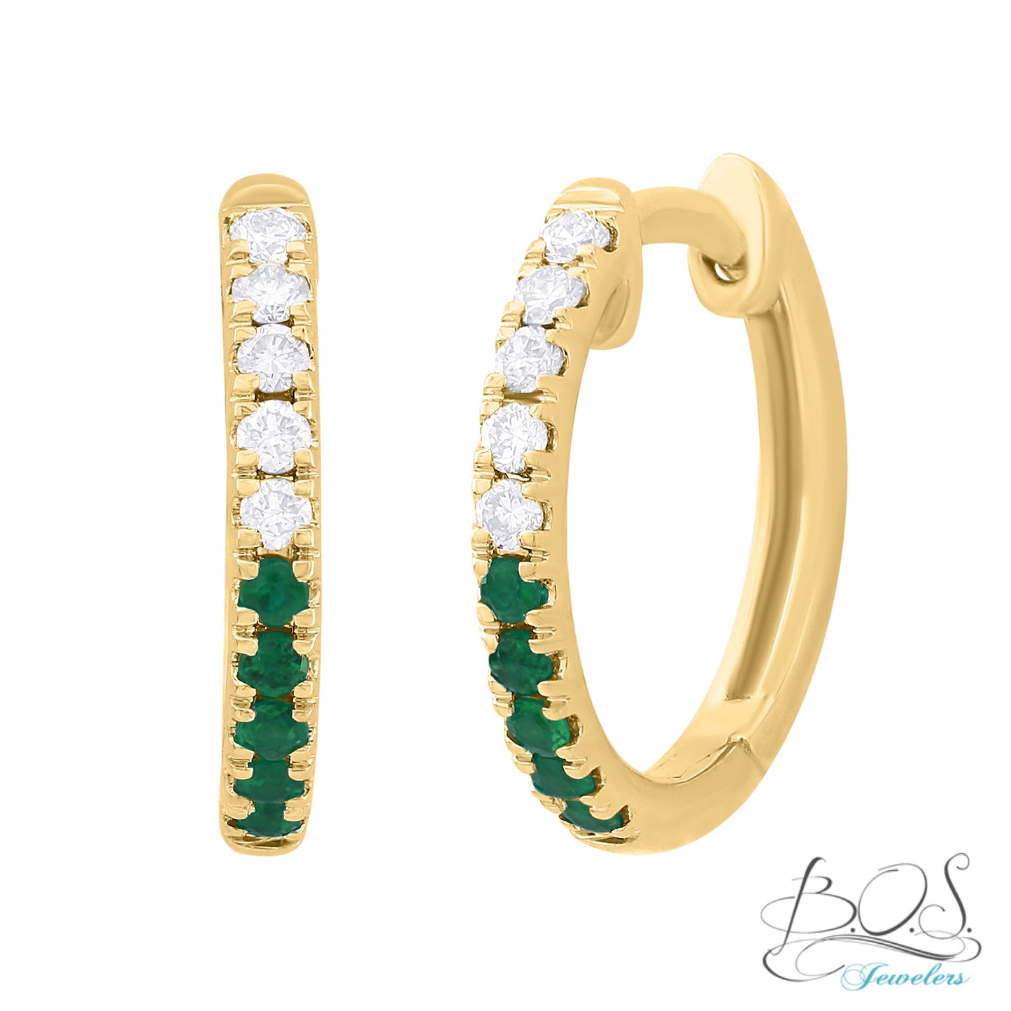 Half Diamond and Color Stone Huggies 14K Gold