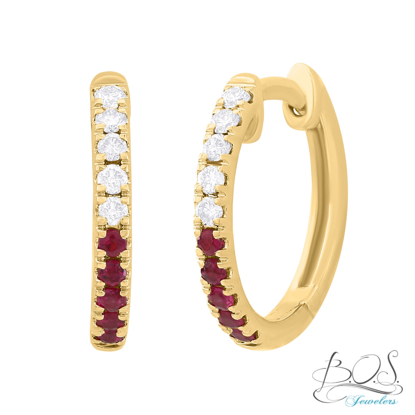 Half Diamond and Color Stone Huggies 14K Gold