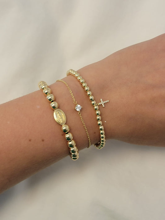 Cubic Zirconia Cross Elastic Gold Filled Bead Bracelet