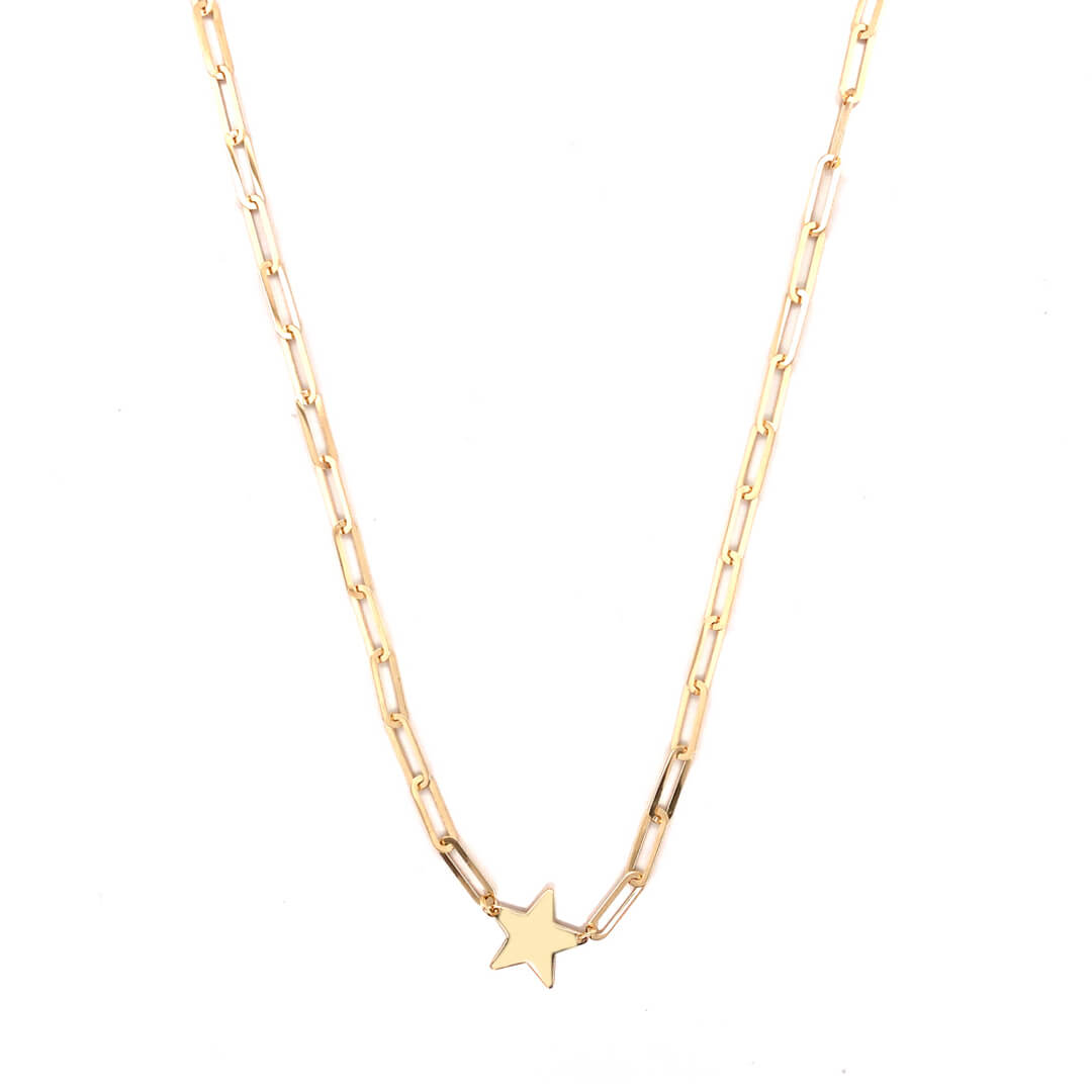 Star Paper Clip Necklace 14K Yellow Gold