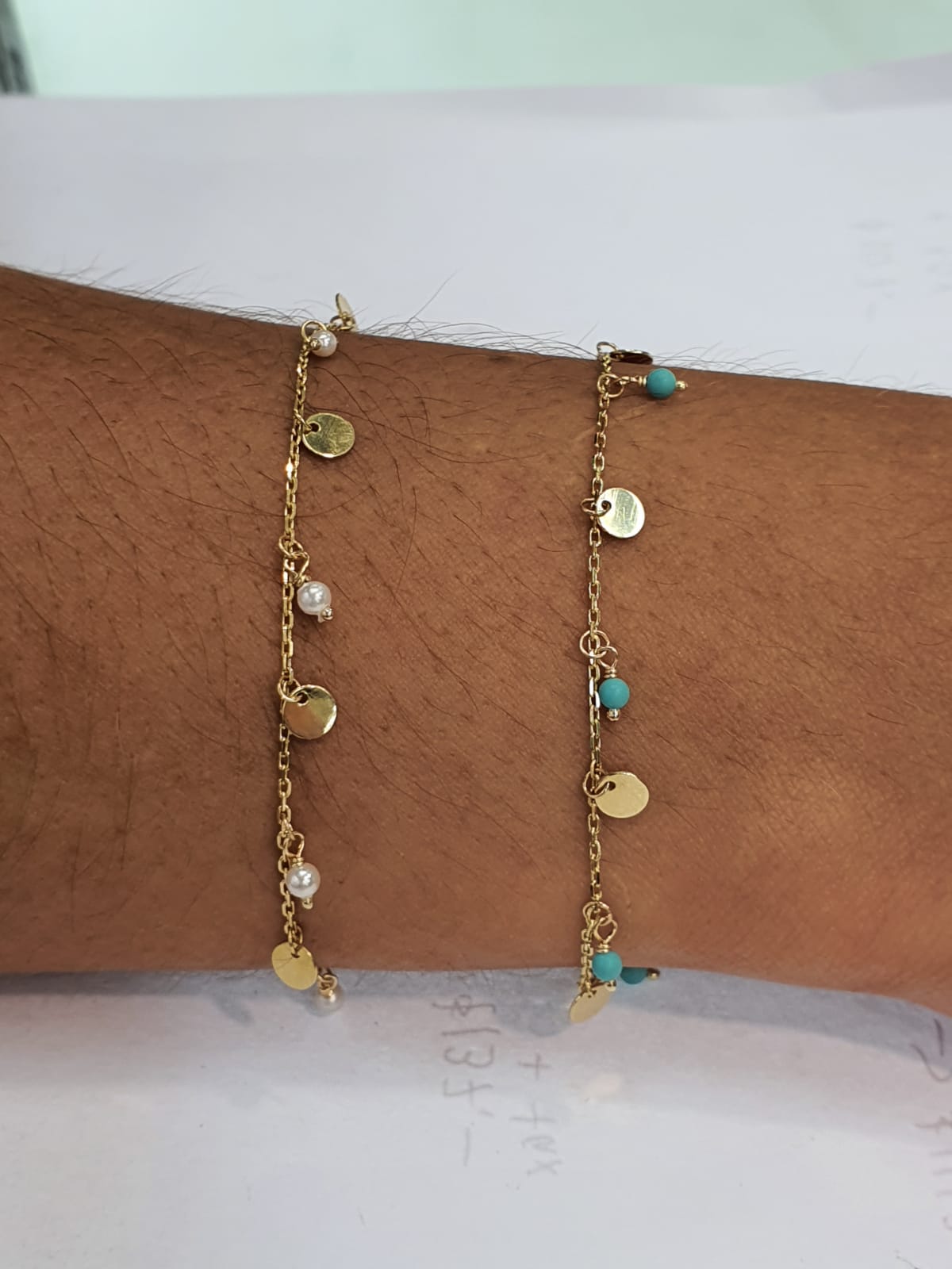 Dangling Circles and Pearls/Turquoise Shakespeare Bracelet 14K Yellow Gold