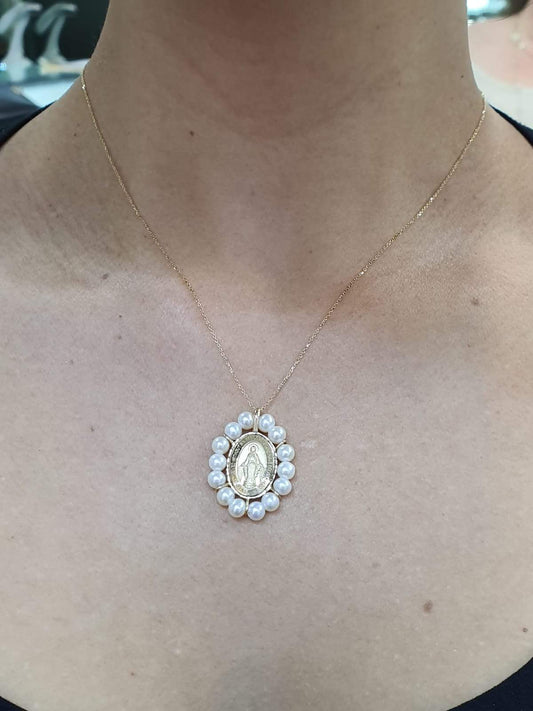 Guadalupe/Miraculous Medal with Pearl Halo 14K Yellow Gold