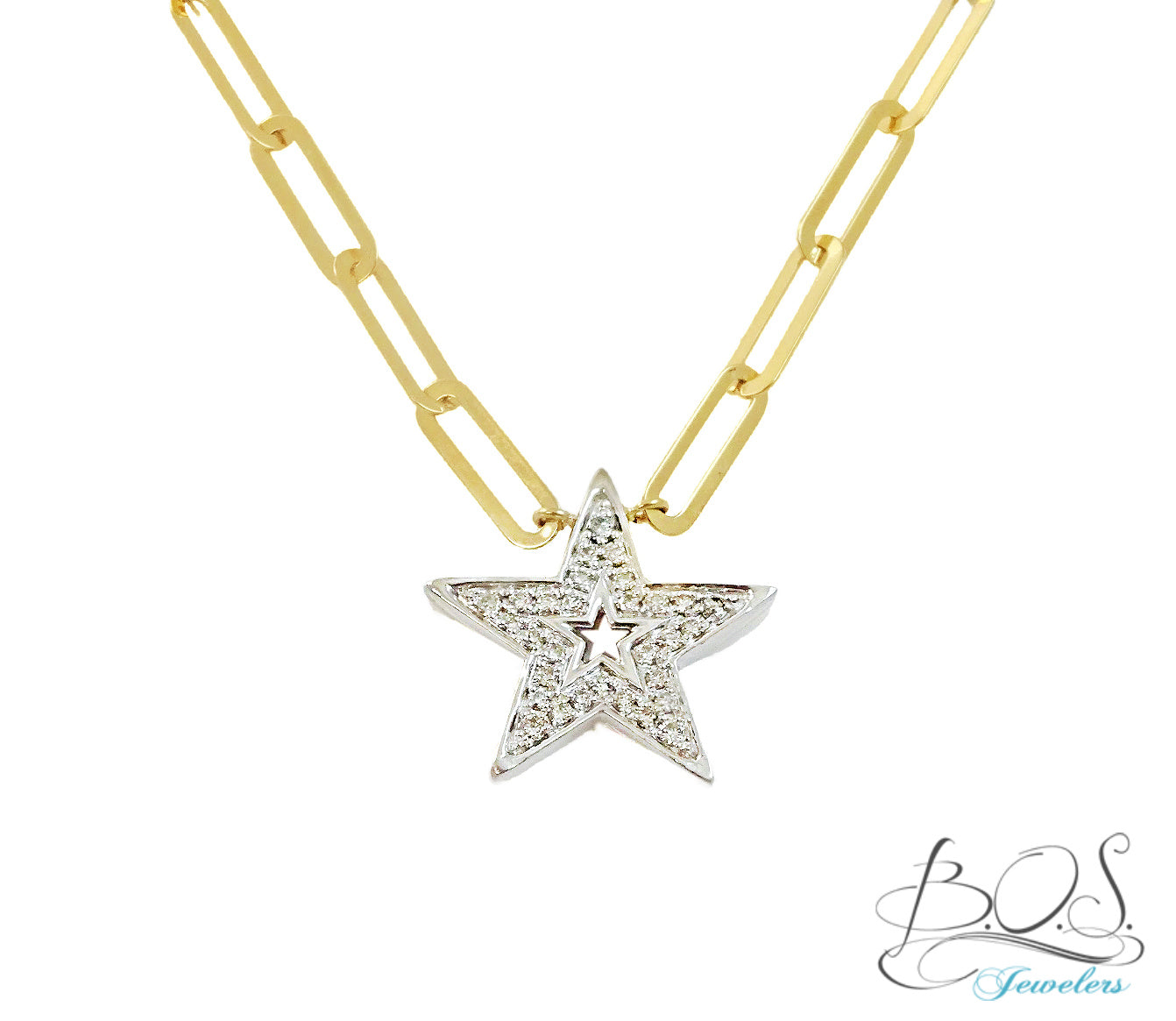Open Diamond Star Paper Clip Necklace 14K Gold