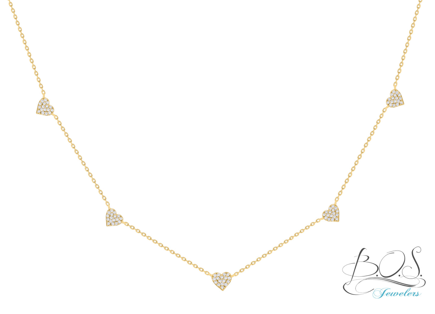 Small Diamond Heart Station Necklace 14K Gold