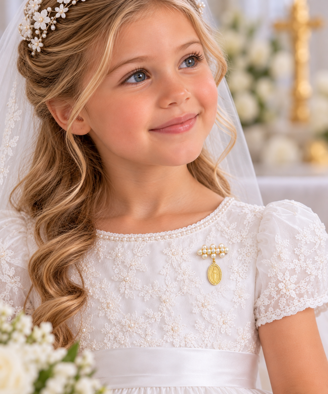 A young girl in a white lace first communion dress with a gold pearl Miraculous medal pendant brooch, white flower crown, and veil, smiling in a softly blurred church setting.