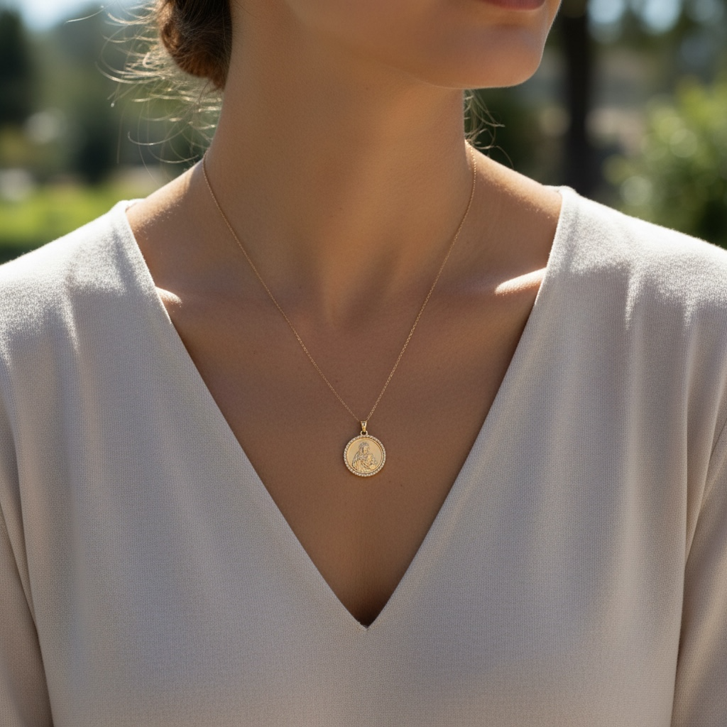 14K Yellow Gold Diamond Sacred Heart of Jesus Medal Necklace
