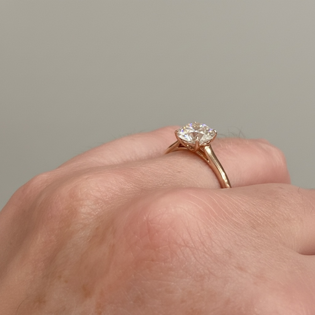 A close-up of a yellow gold ring with a Round-cut diamond on a person's finger, set against a plain gray background.