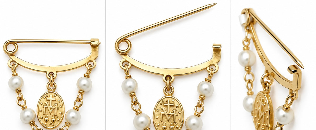 A three-panel close-up of pin closure system of a gold religious pin or brooch with dangling pearl-like beads, a circular medallion with an anchor and monogram motif, and a curved top bar with a pin fastener.