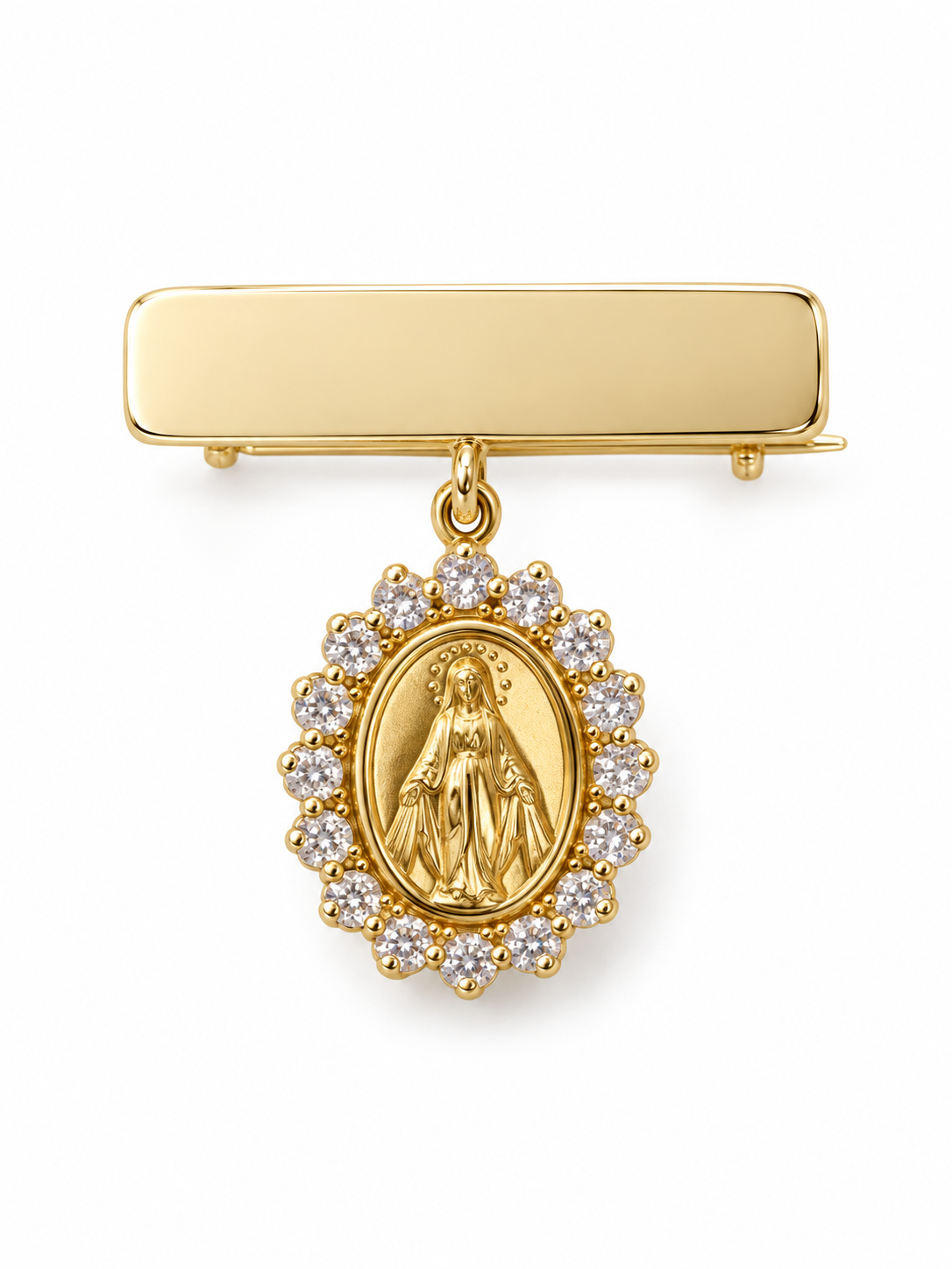 A 14k gold religious pin featuring a rectangular engravable bar with a hanging oval medallion of the Virgin Mary, surrounded by small cubic zirconia stones, shown on a plain white background.