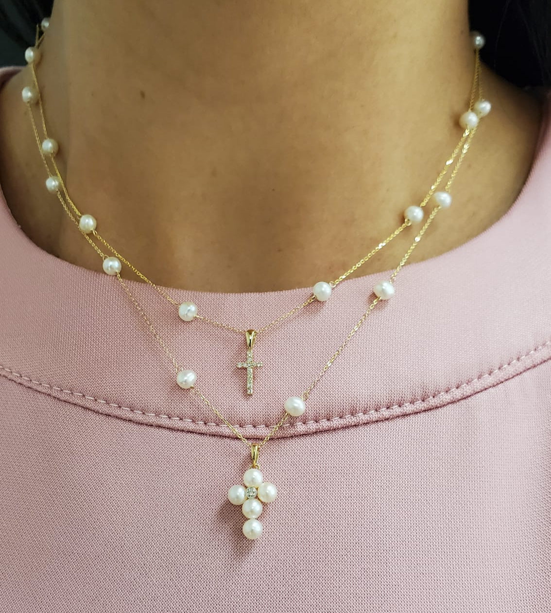 Miniature Diamond Cross on Pearl Necklace