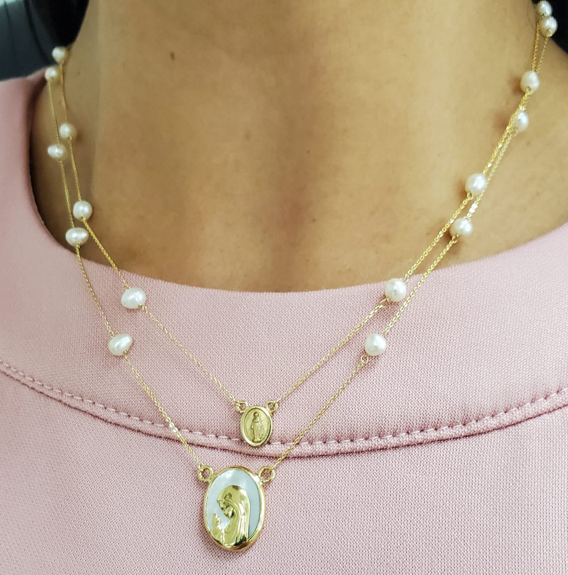 14K Gold Miniature Guadalupe/Miraculous Medal on Pearl Necklace 14K Gold