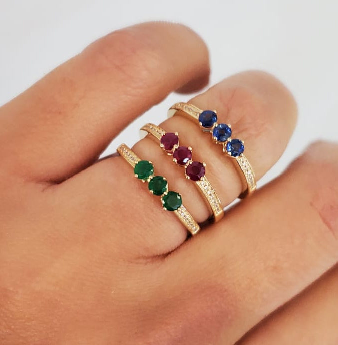 Three Color Stone and Pave Diamond Ring
