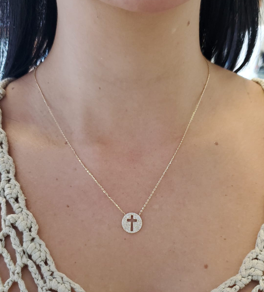 Cut Out Cross Diamond Round Pendant Necklace